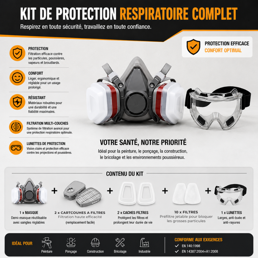 Kit de protection respiratoire complet : masque à cartouches, filtres et lunettes pour peinture